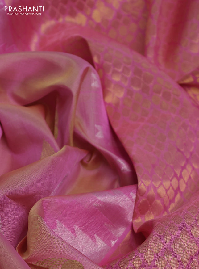 Venkatagiri silk saree peach pink with silver & gold zari woven buttas and zari woven border