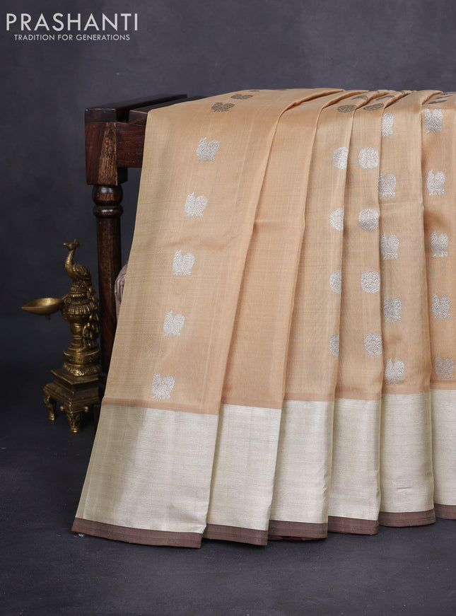 Venkatagiri silk saree sandal and brown with silver zari woven buttas and zari woven border