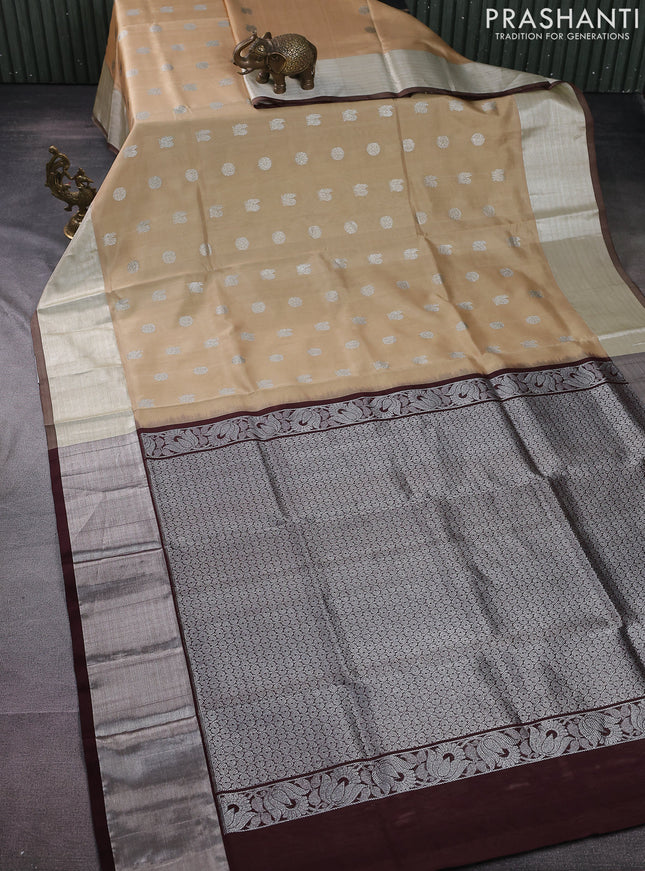 Venkatagiri silk saree sandal and brown with silver zari woven buttas and zari woven border