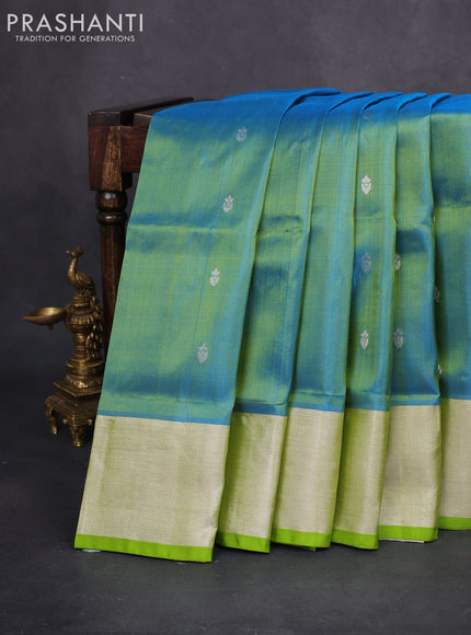 Venkatagiri silk saree dual shade of teal blue and light green with silver zari woven buttas and zari woven border