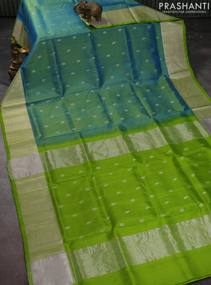 Venkatagiri silk saree dual shade of teal blue and light green with silver zari woven buttas and zari woven border