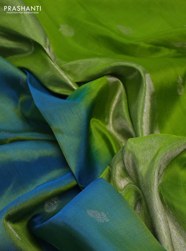 Venkatagiri silk saree dual shade of teal blue and light green with silver zari woven buttas and zari woven border