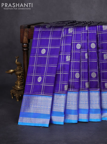 Venkatagiri silk saree blue and cs blue with allover silver zari checks & buttas and silver zari woven border