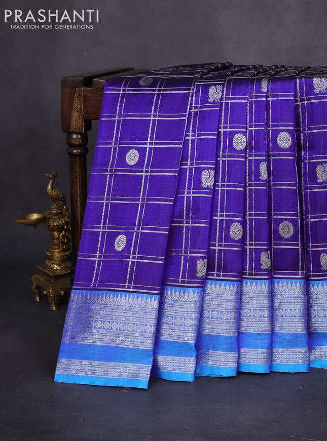 Venkatagiri silk saree blue and cs blue with allover silver zari checks & buttas and silver zari woven border