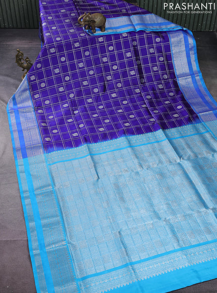 Venkatagiri silk saree blue and cs blue with allover silver zari checks & buttas and silver zari woven border