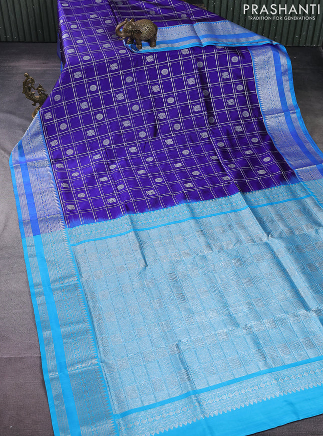 Venkatagiri silk saree blue and cs blue with allover silver zari checks & buttas and silver zari woven border