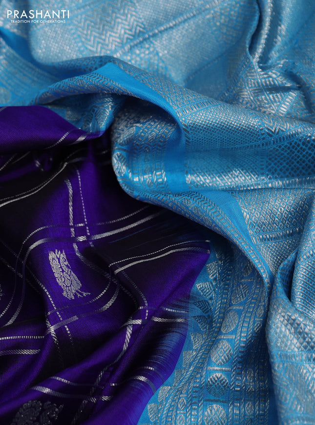 Venkatagiri silk saree blue and cs blue with allover silver zari checks & buttas and silver zari woven border