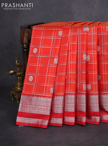 Venkatagiri silk saree orange and red with allover silver zari checks & buttas and silver zari woven border