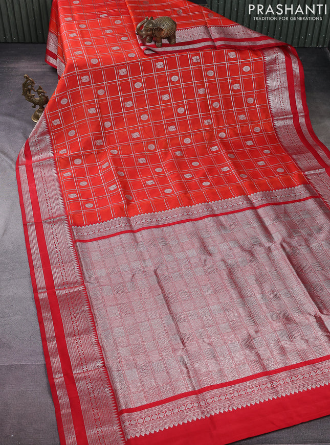 Venkatagiri silk saree orange and red with allover silver zari checks & buttas and silver zari woven border