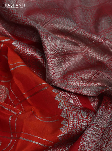 Venkatagiri silk saree orange and red with allover silver zari checks & buttas and silver zari woven border