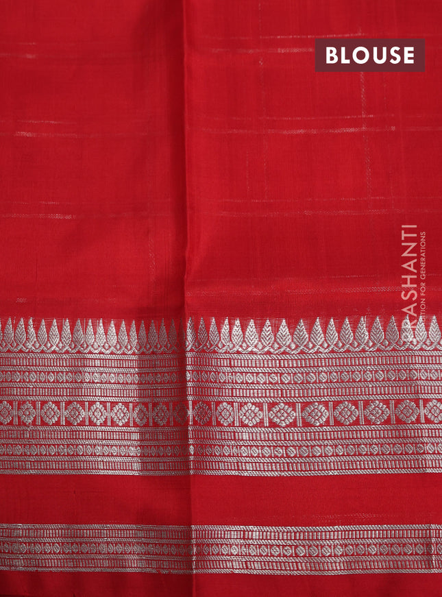 Venkatagiri silk saree orange and red with allover silver zari checks & buttas and silver zari woven border