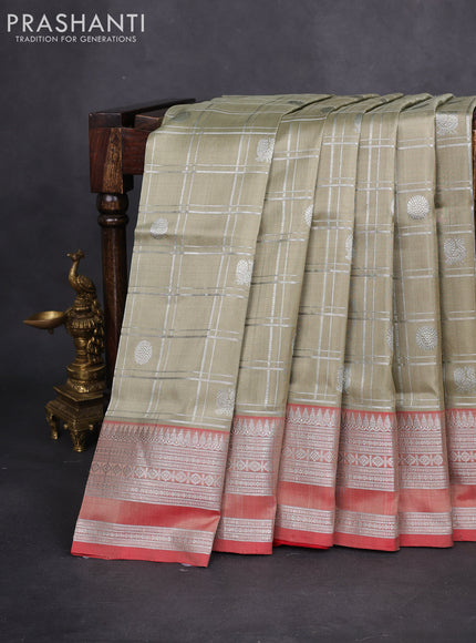 Venkatagiri silk saree elaichi green and red with allover silver zari checks & buttas and silver zari woven border