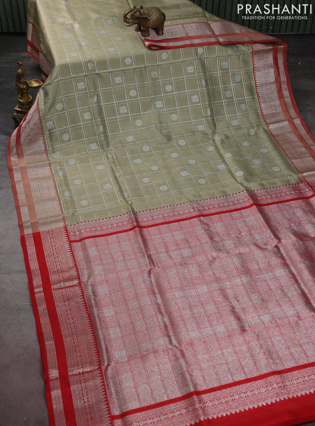 Venkatagiri silk saree elaichi green and red with allover silver zari checks & buttas and silver zari woven border