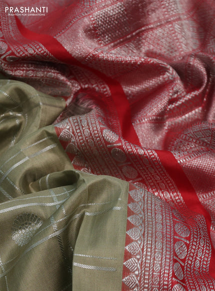 Venkatagiri silk saree elaichi green and red with allover silver zari checks & buttas and silver zari woven border
