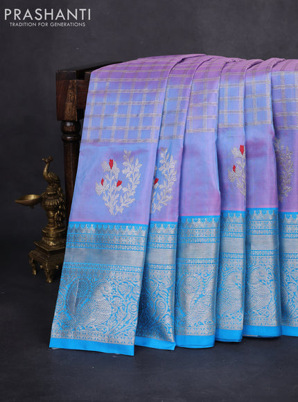 Venkatagiri silk saree dual shade of pastel pink and cs blue with allover silver zari checks and silver zari woven border