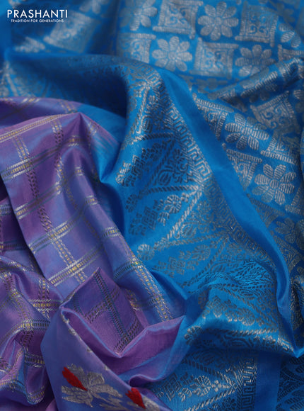 Venkatagiri silk saree dual shade of pastel pink and cs blue with allover silver zari checks and silver zari woven border