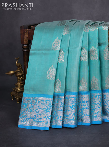 Venkatagiri silk saree teal blue and cs blue with silver zari woven buttas and silver zari woven border