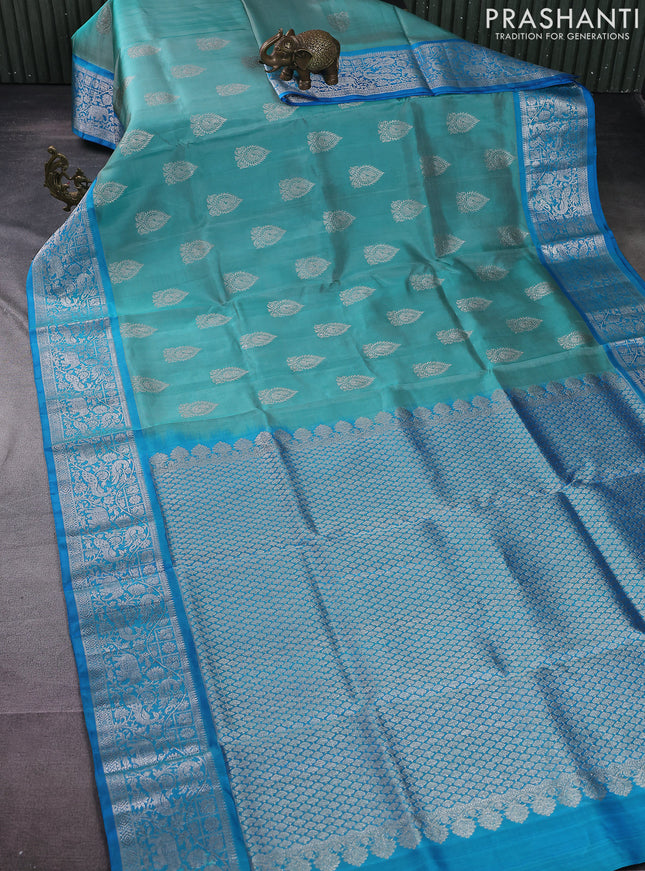 Venkatagiri silk saree teal blue and cs blue with silver zari woven buttas and silver zari woven border
