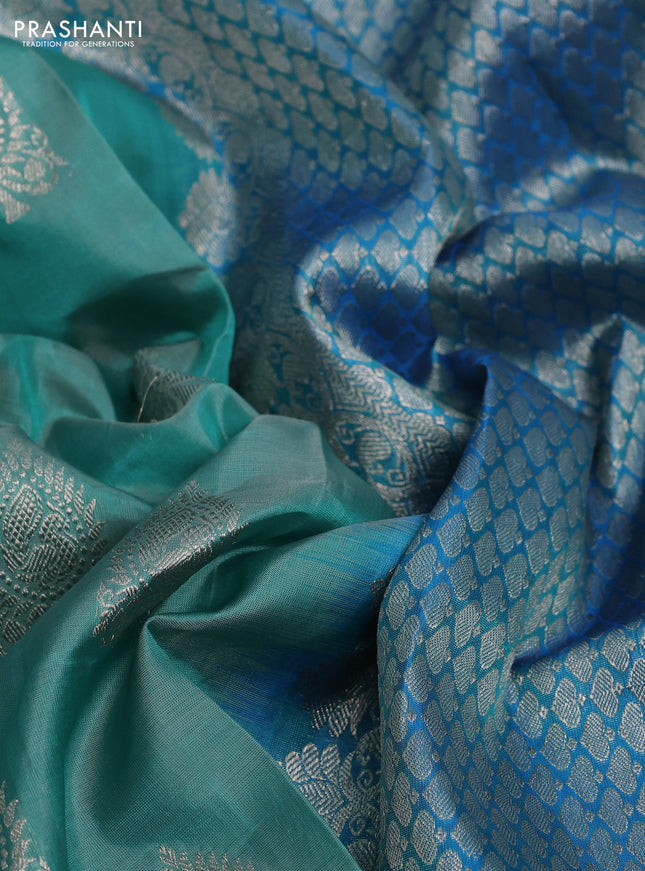 Venkatagiri silk saree teal blue and cs blue with silver zari woven buttas and silver zari woven border
