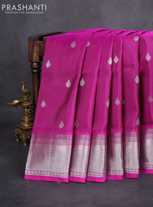 Venkatagiri silk saree magenta pink with silver zari woven buttas and silver zari woven border