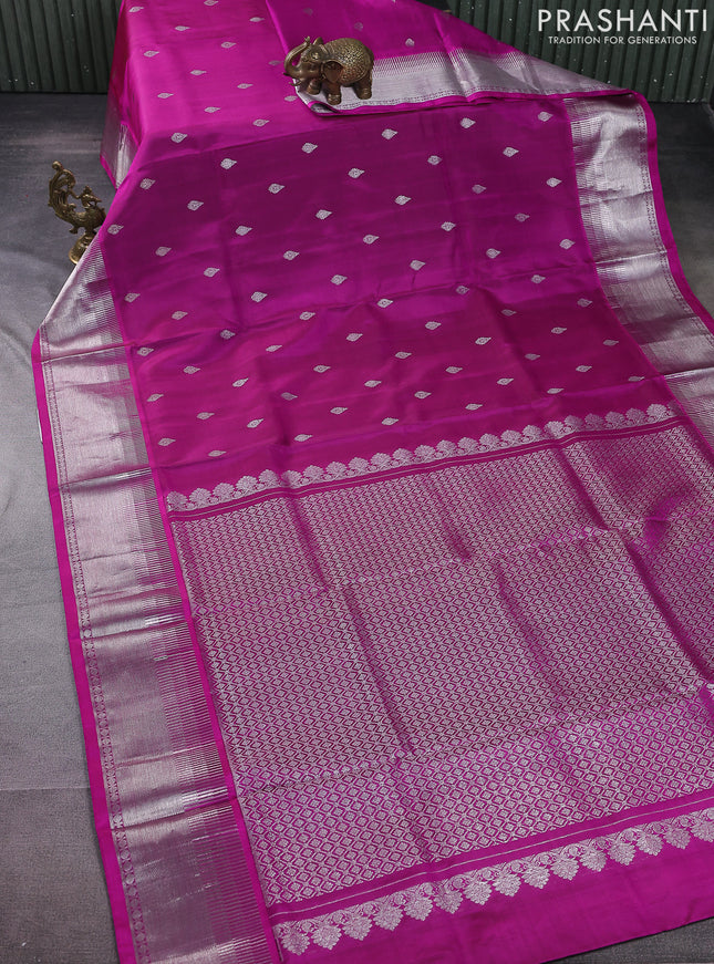 Venkatagiri silk saree magenta pink with silver zari woven buttas and silver zari woven border