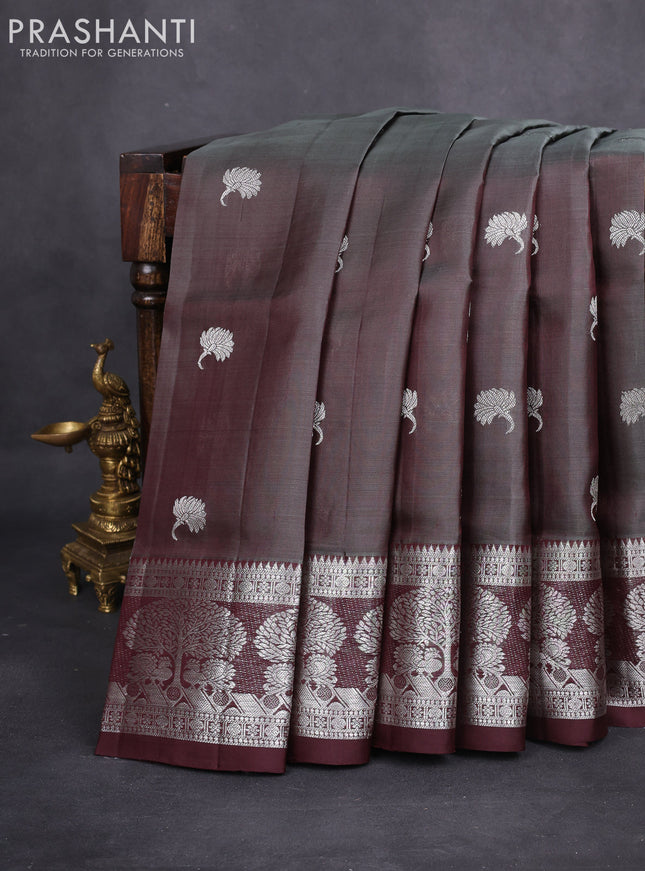 Venkatagiri silk saree grey and deep maroon with silver zari woven buttas and silver zari woven border