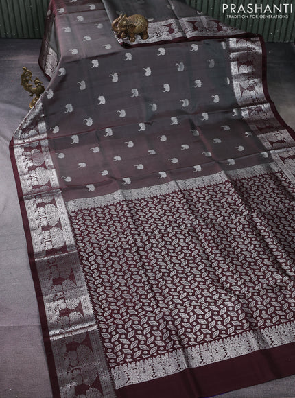 Venkatagiri silk saree grey and deep maroon with silver zari woven buttas and silver zari woven border