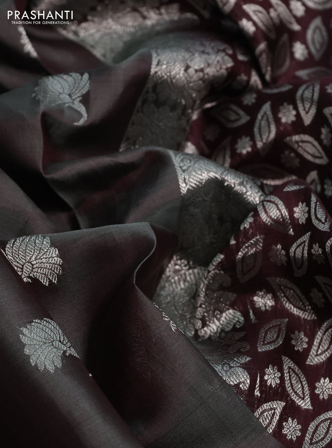 Venkatagiri silk saree grey and deep maroon with silver zari woven buttas and silver zari woven border
