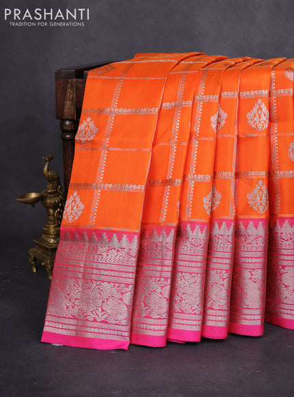Venkatagiri silk saree orange and pink with allover silver zari checks & buttas and long silver zari woven border