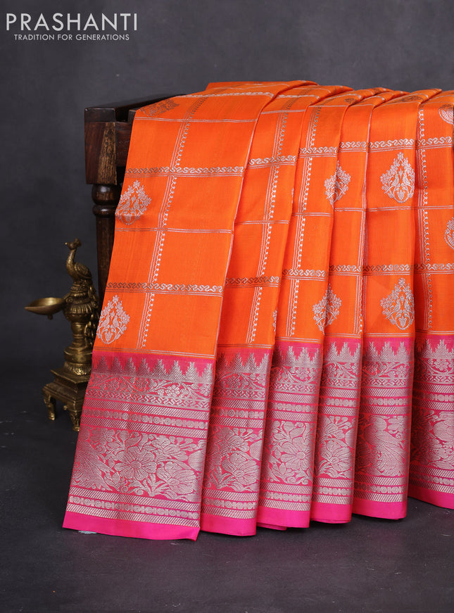 Venkatagiri silk saree orange and pink with allover silver zari checks & buttas and long silver zari woven border