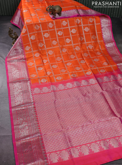Venkatagiri silk saree orange and pink with allover silver zari checks & buttas and long silver zari woven border