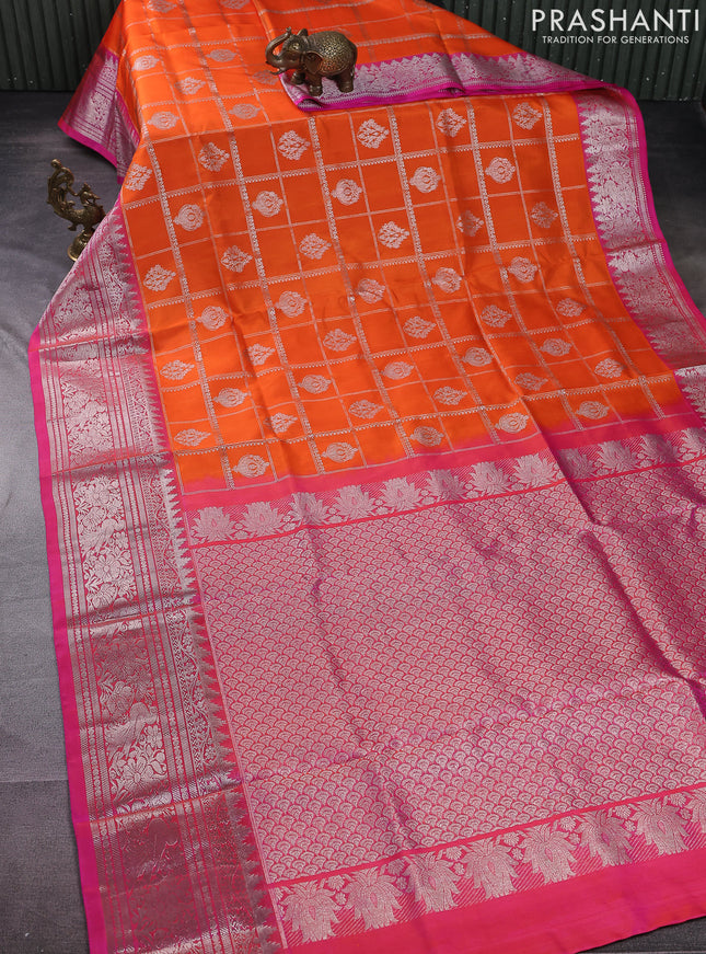Venkatagiri silk saree orange and pink with allover silver zari checks & buttas and long silver zari woven border