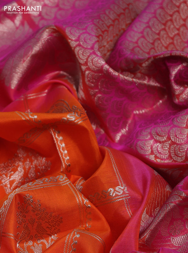 Venkatagiri silk saree orange and pink with allover silver zari checks & buttas and long silver zari woven border