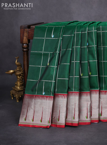 Venkatagiri silk saree green and maroon with allover silver zari checks & muniya buttas and silver zari woven muniya butta border