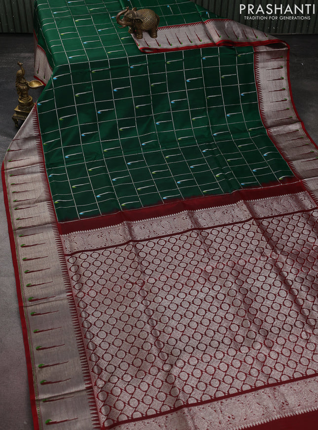Venkatagiri silk saree green and maroon with allover silver zari checks & muniya buttas and silver zari woven muniya butta border