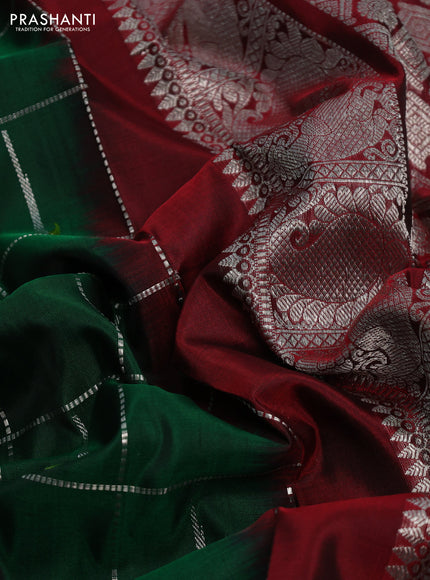 Venkatagiri silk saree green and maroon with allover silver zari checks & muniya buttas and silver zari woven muniya butta border