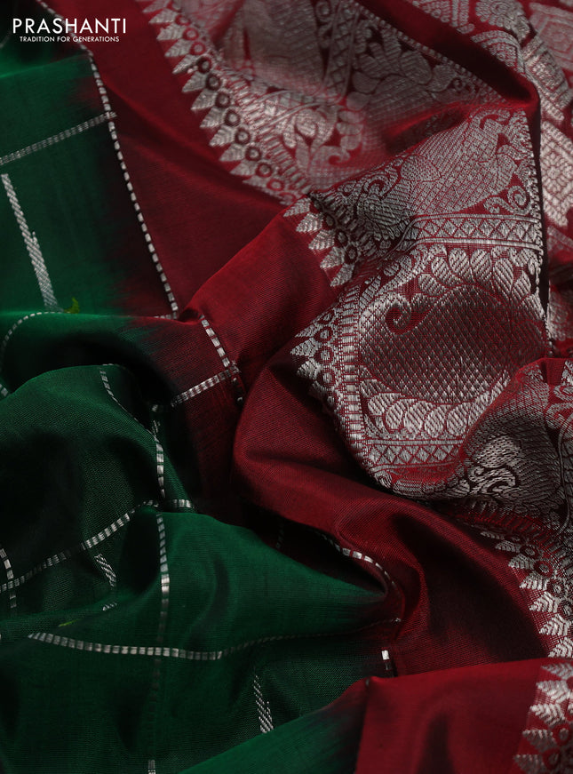 Venkatagiri silk saree green and maroon with allover silver zari checks & muniya buttas and silver zari woven muniya butta border