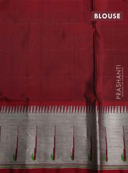 Venkatagiri silk saree green and maroon with allover silver zari checks & muniya buttas and silver zari woven muniya butta border