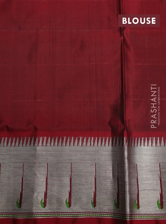 Venkatagiri silk saree green and maroon with allover silver zari checks & muniya buttas and silver zari woven muniya butta border