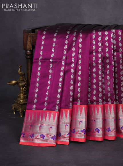 Venkatagiri silk saree purple and dual shade of peach pink with allover silver zari woven buttas and temple design silver zari woven muniya border