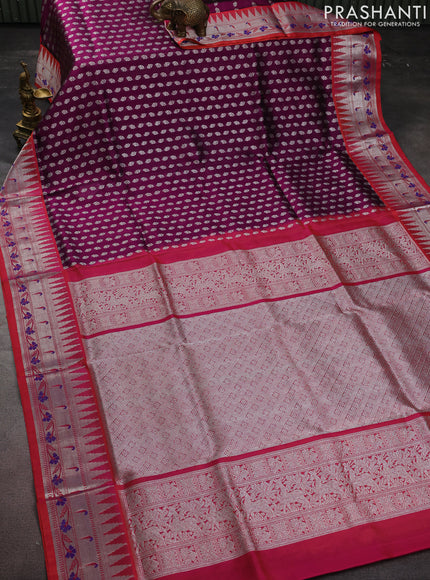 Venkatagiri silk saree purple and dual shade of peach pink with allover silver zari woven buttas and temple design silver zari woven muniya border