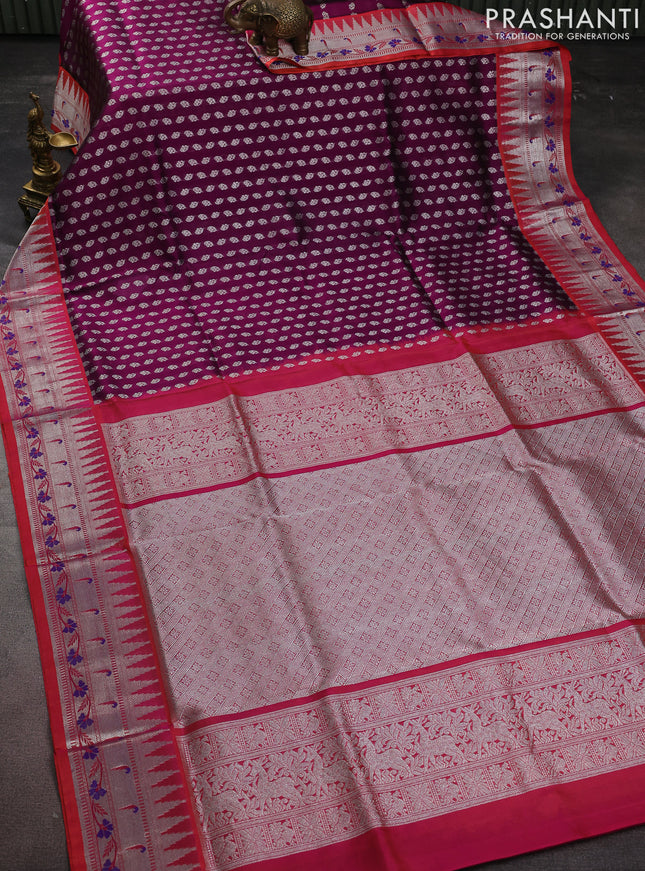 Venkatagiri silk saree purple and dual shade of peach pink with allover silver zari woven buttas and temple design silver zari woven muniya border