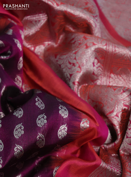 Venkatagiri silk saree purple and dual shade of peach pink with allover silver zari woven buttas and temple design silver zari woven muniya border