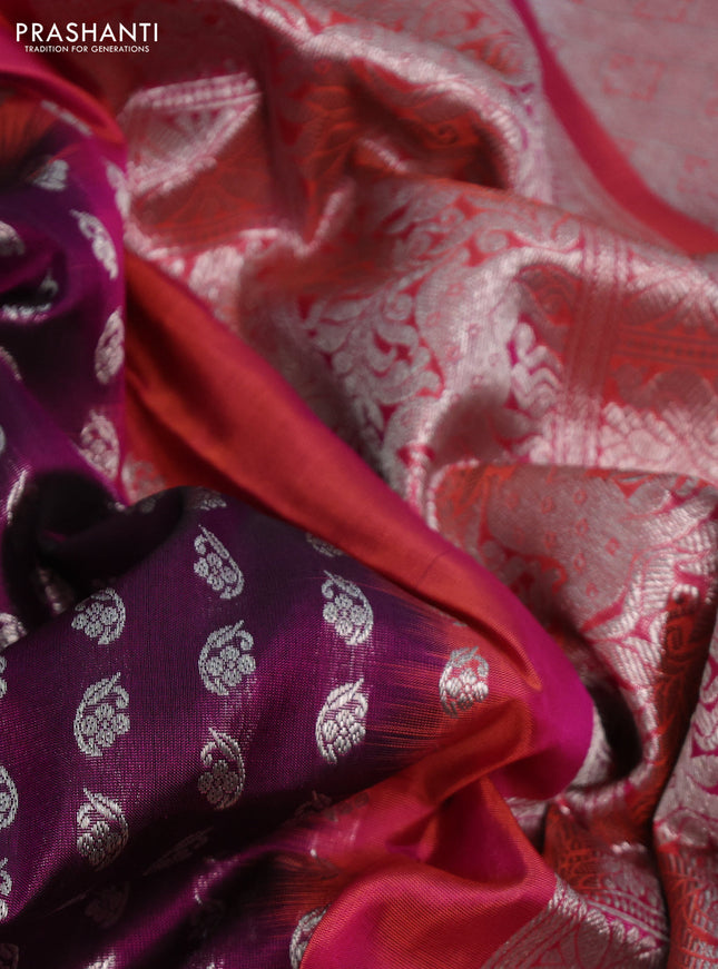 Venkatagiri silk saree purple and dual shade of peach pink with allover silver zari woven buttas and temple design silver zari woven muniya border