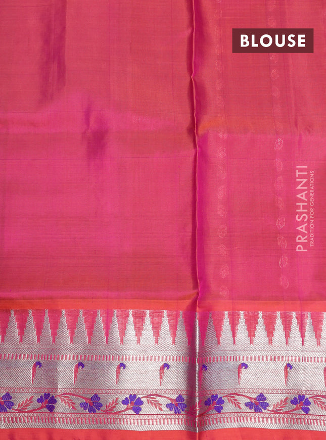 Venkatagiri silk saree purple and dual shade of peach pink with allover silver zari woven buttas and temple design silver zari woven muniya border