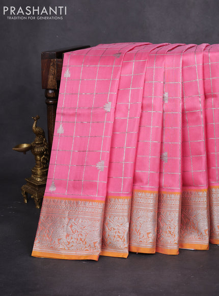 Venkatagiri silk saree peach pink and mustard yellow with allover silver zari checks & buttas and silver zari woven border