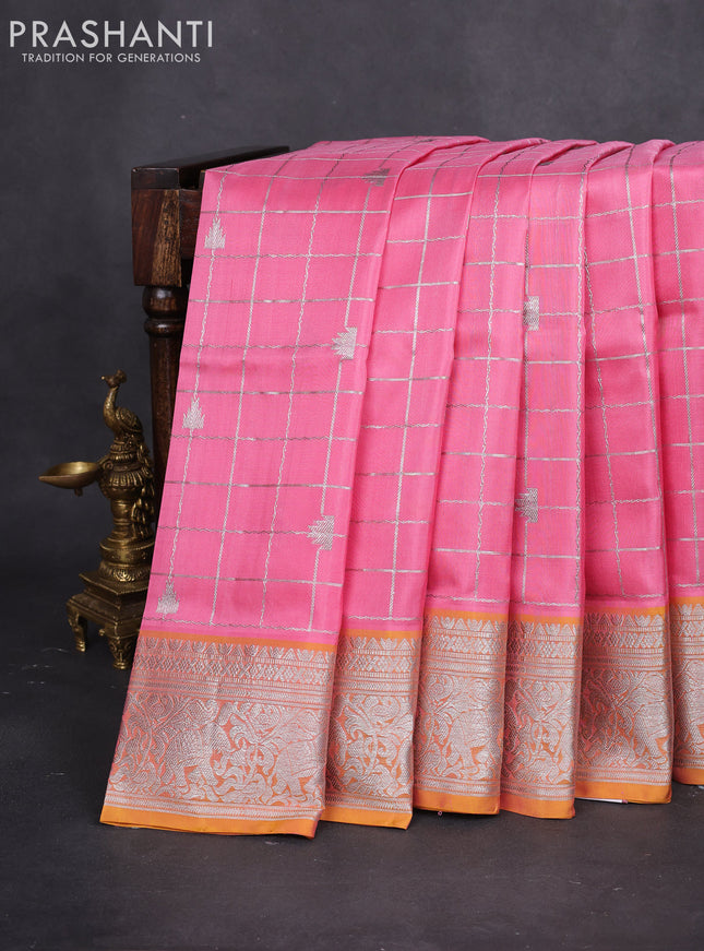 Venkatagiri silk saree peach pink and mustard yellow with allover silver zari checks & buttas and silver zari woven border