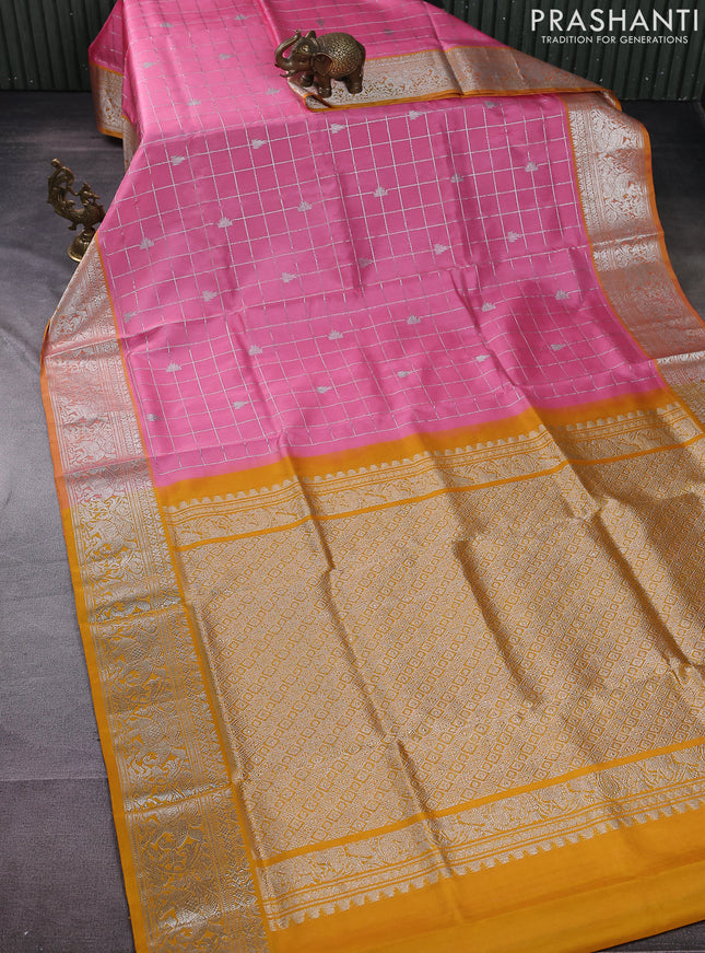 Venkatagiri silk saree peach pink and mustard yellow with allover silver zari checks & buttas and silver zari woven border