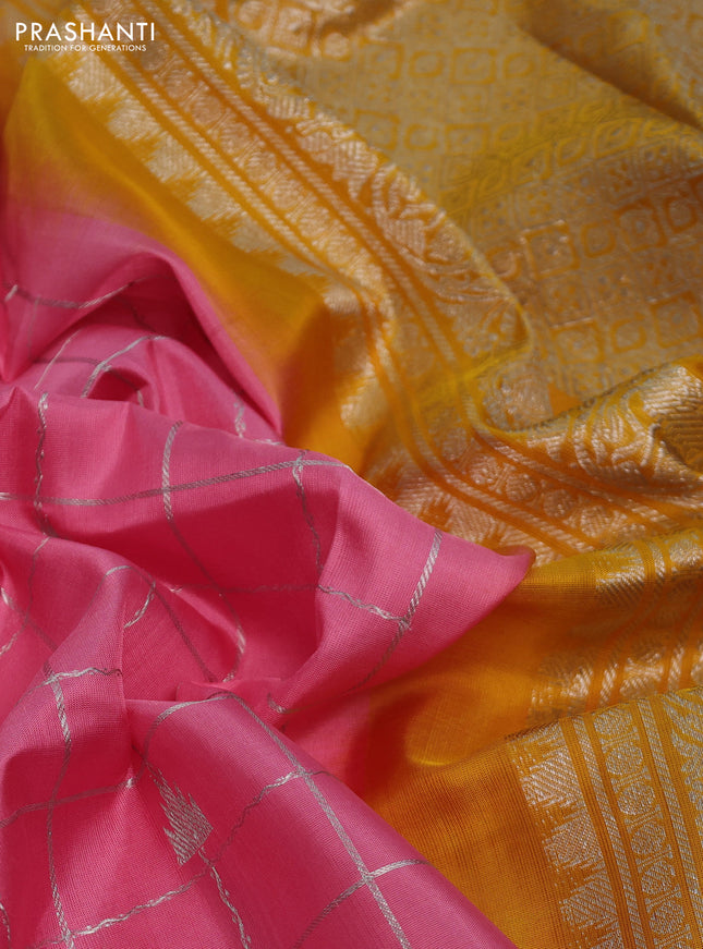 Venkatagiri silk saree peach pink and mustard yellow with allover silver zari checks & buttas and silver zari woven border