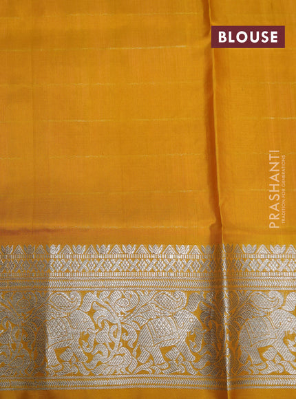 Venkatagiri silk saree peach pink and mustard yellow with allover silver zari checks & buttas and silver zari woven border